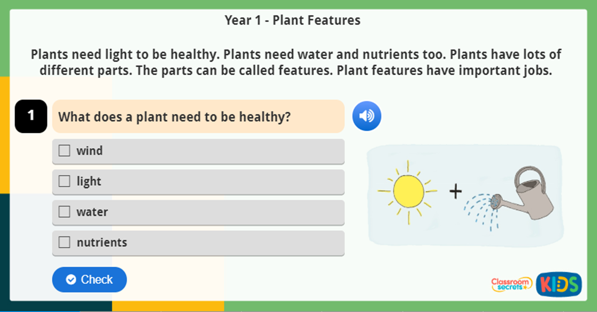 year 1 science reading comprehension plant features classroom secrets