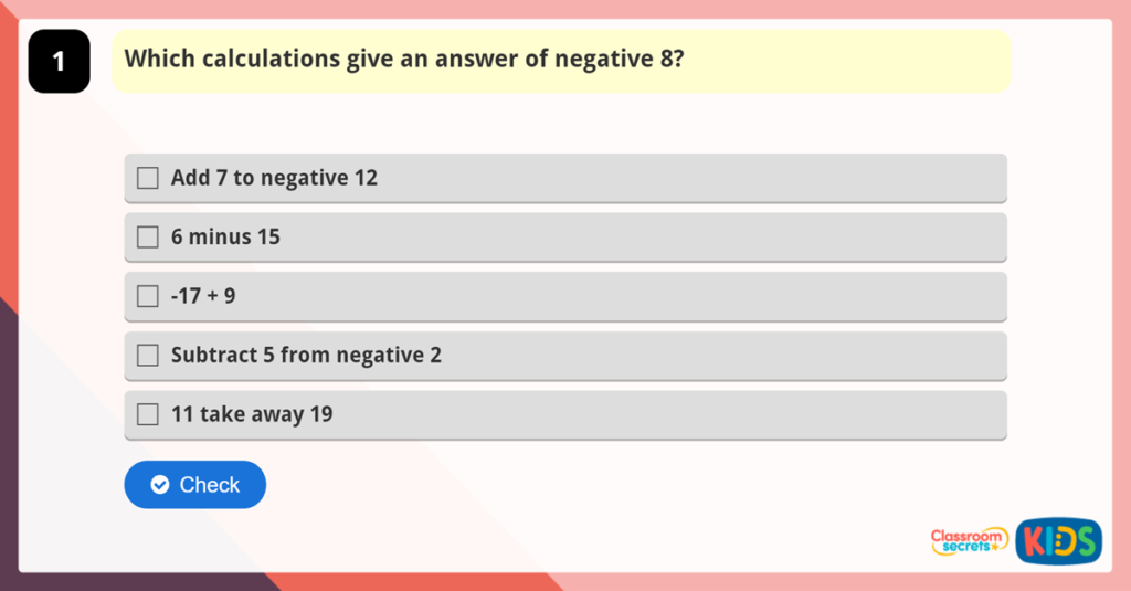 Year 6 Negative Numbers Game