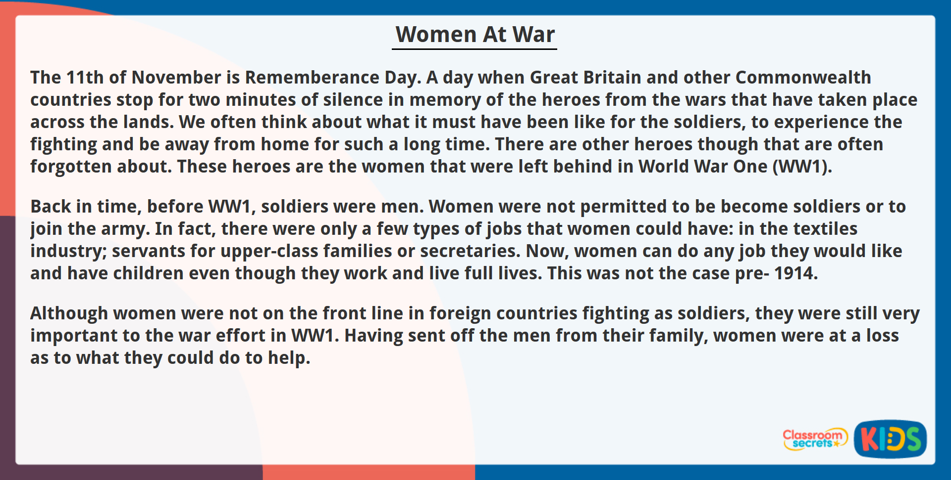 year 6 reading comprehension women at war classroom