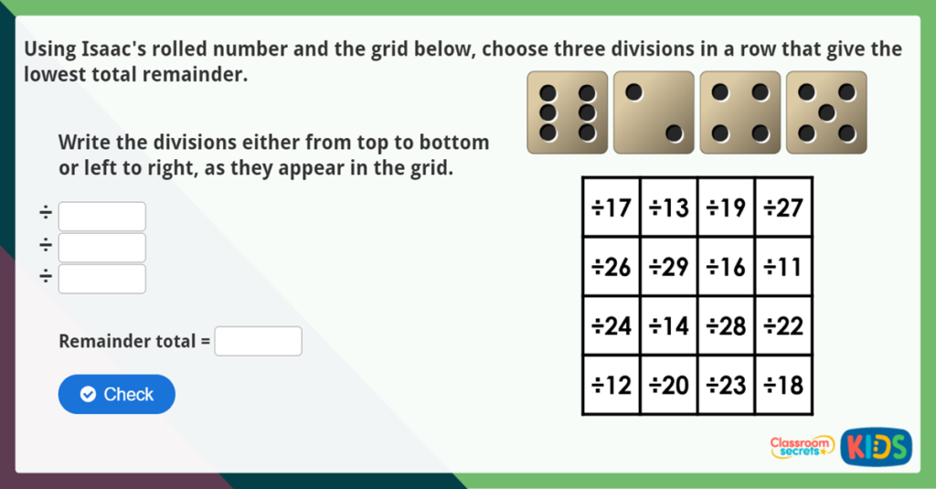Year 6 Dividing 4 digits by 2 digits with remainders Maths Challenge