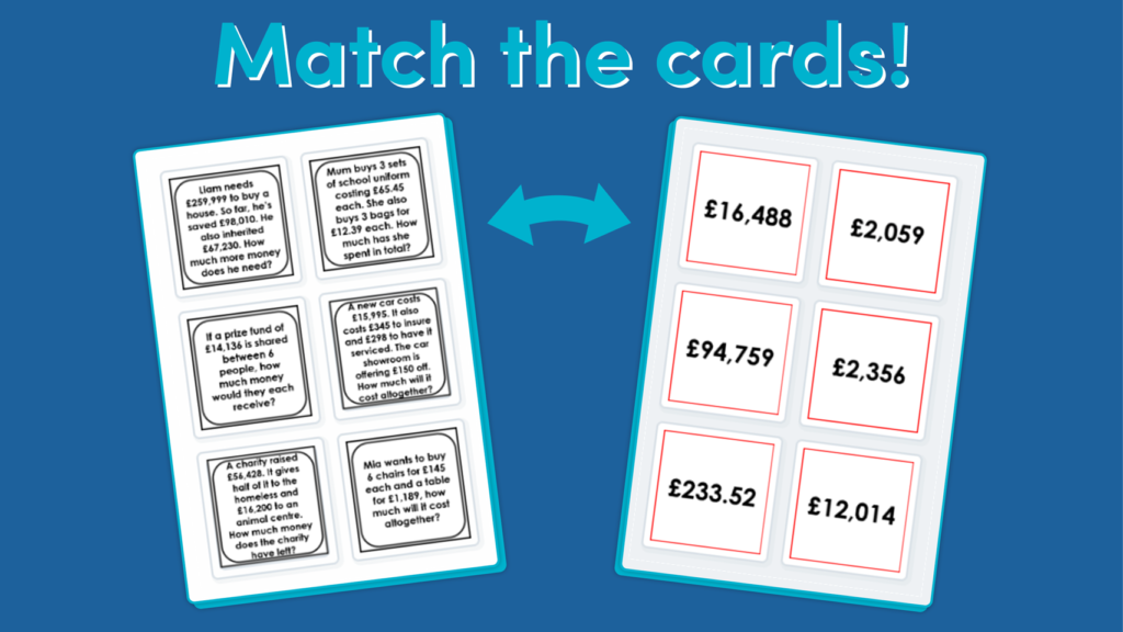 Year 6 Problems involving addition, subtraction, multiplication and division matching activity