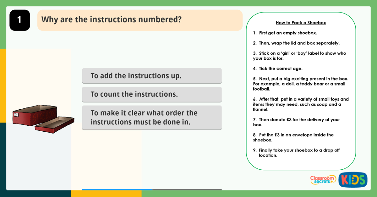 Year 2 Sequencing Events Reading Comprehension How to Pack a Shoebox