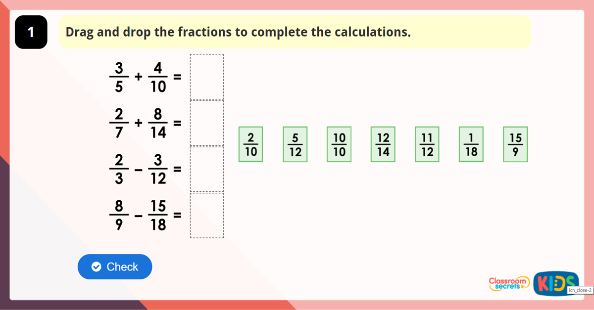 Year 6 Add and Subtract Fractions 1 Game | Classroom Secrets Kids
