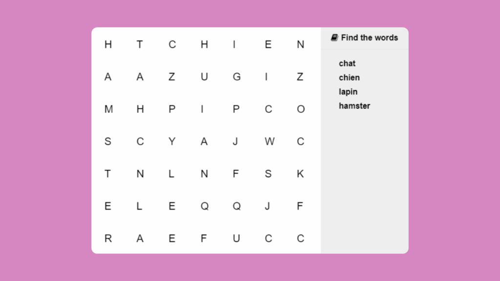 KS1 French Pets Word Search