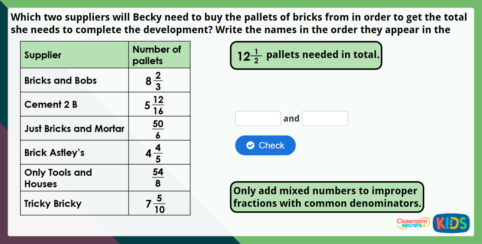 Year 5 Add Mixed Numbers Maths Challenge Classroom Secrets Kids