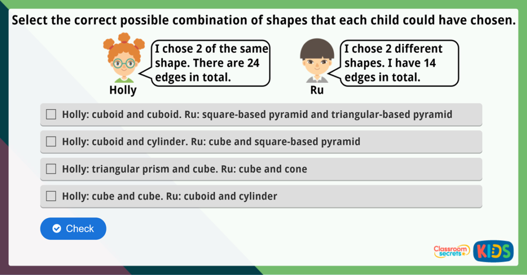 Year 2 Count Edges on 3D Shapes Maths Challenge | Classroom Secrets Kids