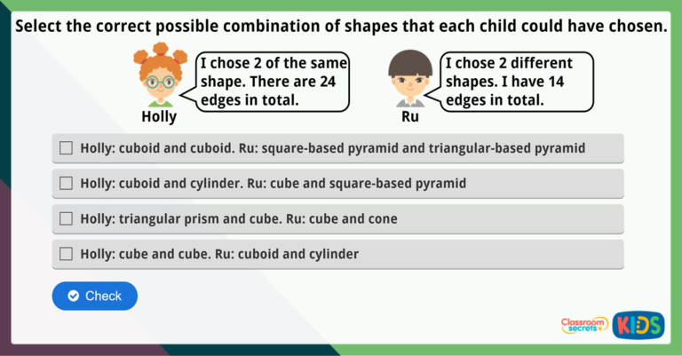 Year 2 Count Edges on 3D Shapes Maths Challenge | Classroom Secrets Kids
