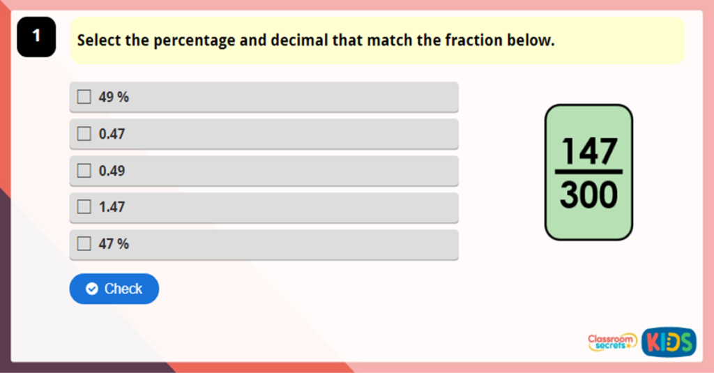 Year 5 Percentages as Fractions and Decimals Game