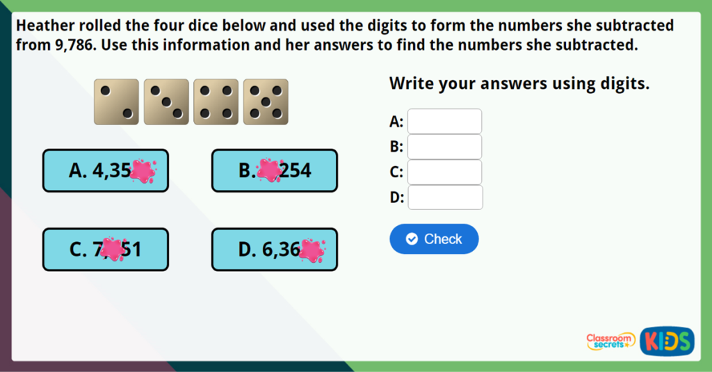 Year 4 Subtract Two 4-Digit Numbers Maths Challenge