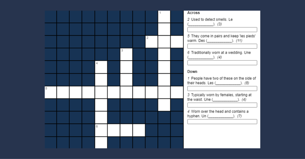 Year 4 French Clothing Crossword