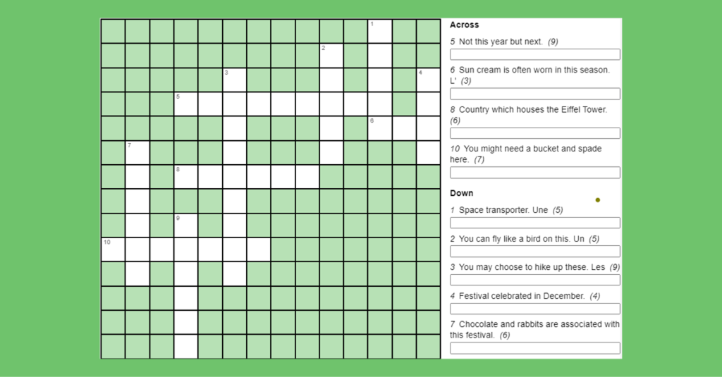 Year 6 French Holiday Plans Crossword